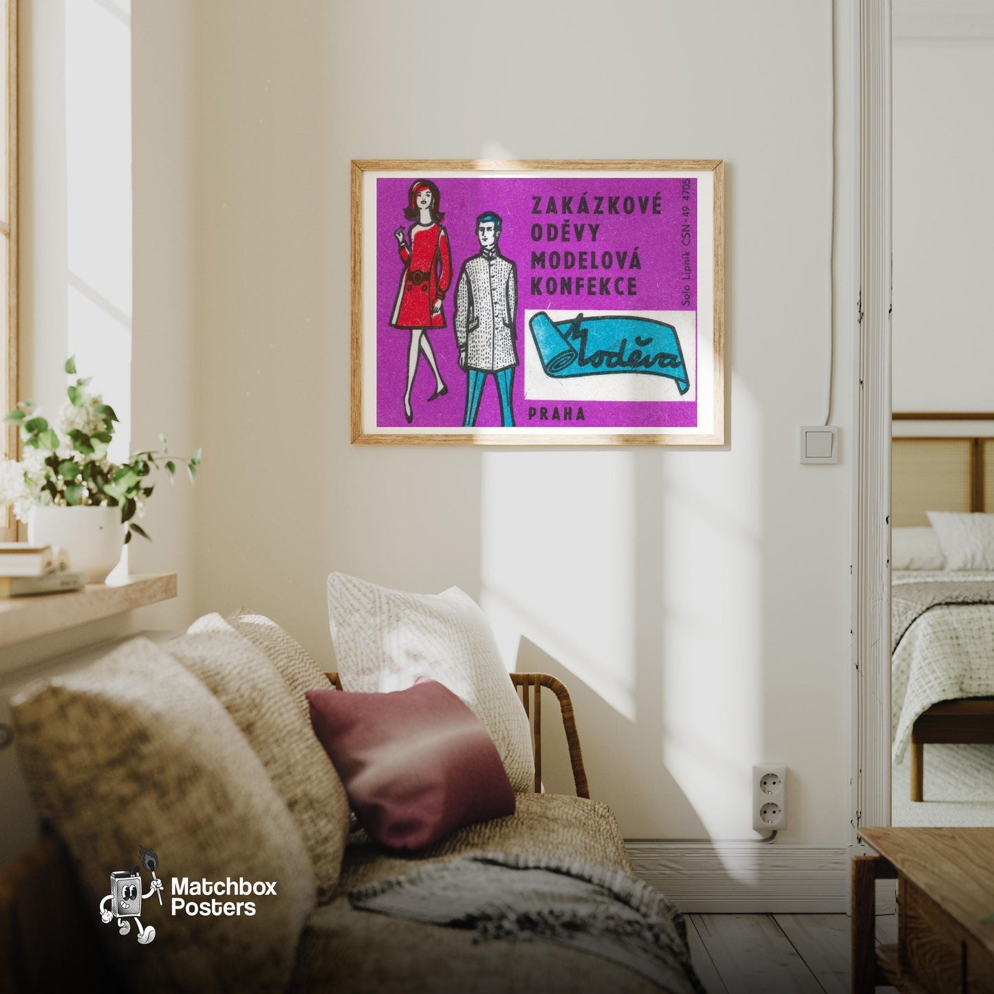 Custom Clothes Store - vintage matchbox label print - living room mockup