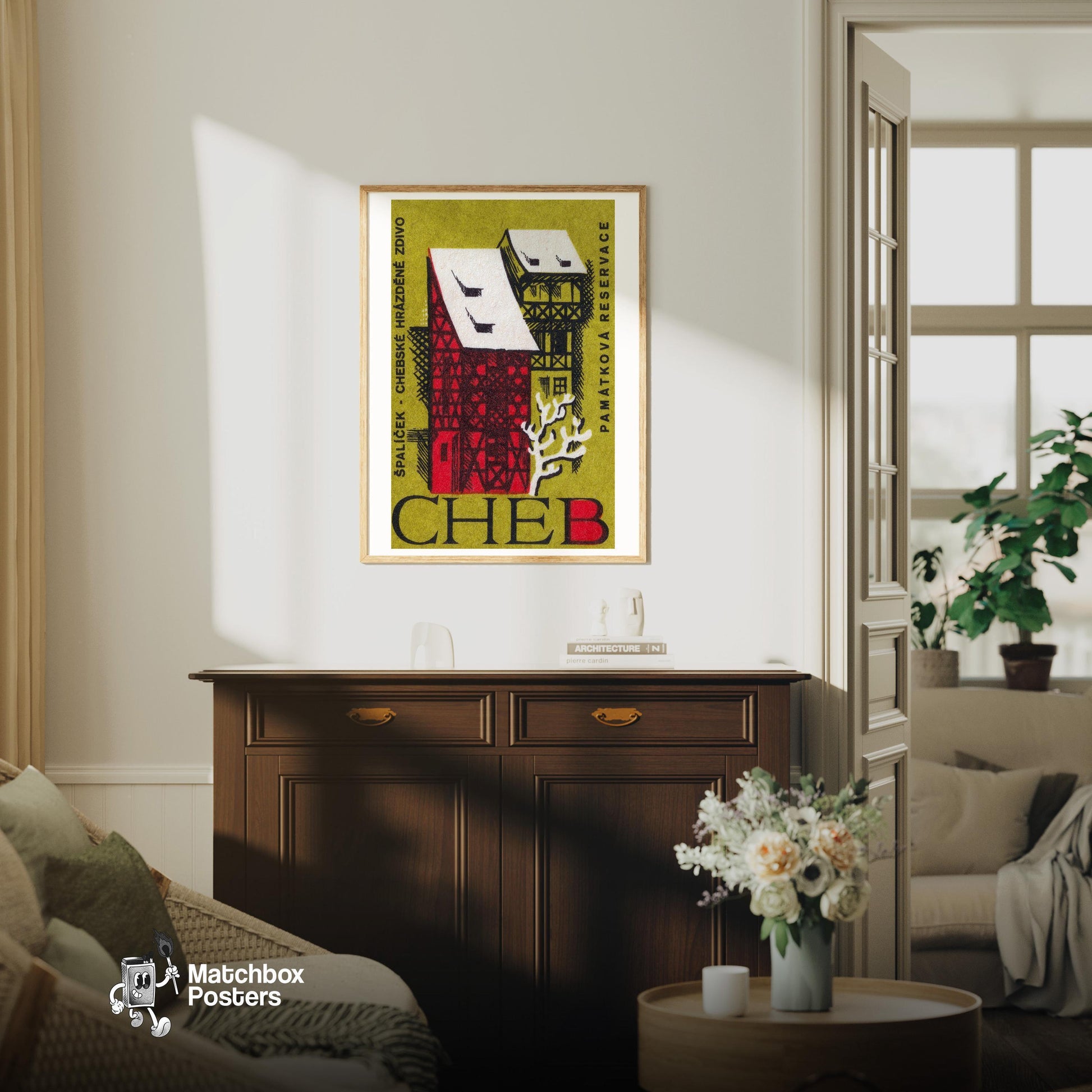 Red House - vintage matchbox label print - living room mockup