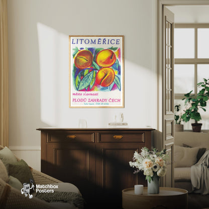 Three Peaches - vintage matchbox label print - living room mockup