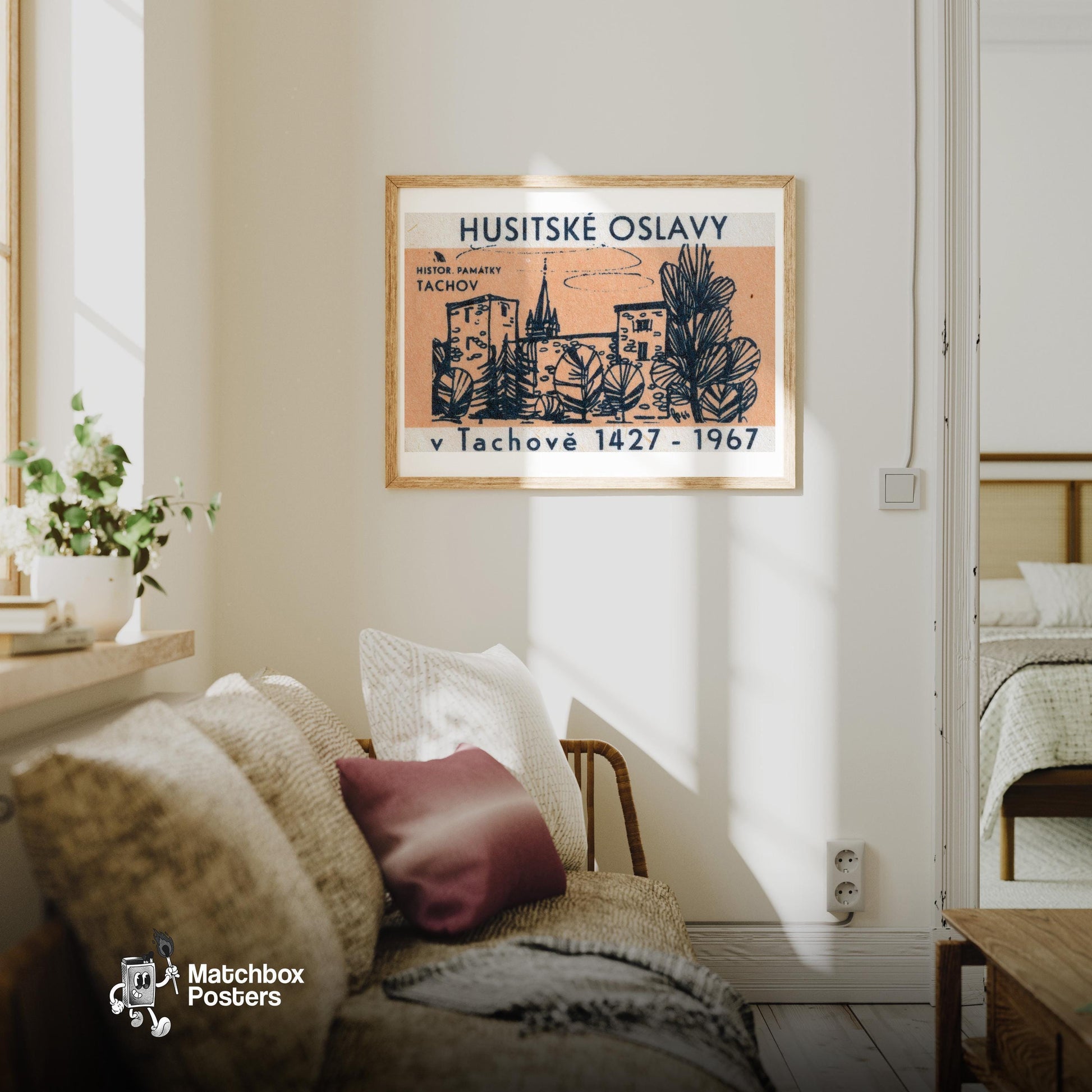 Stone Building - vintage matchbox label print - living room mockup