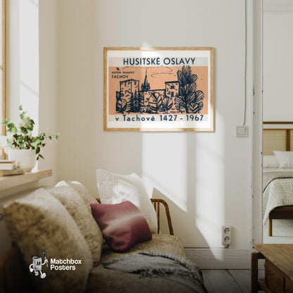 Stone Building - vintage matchbox label print - living room mockup