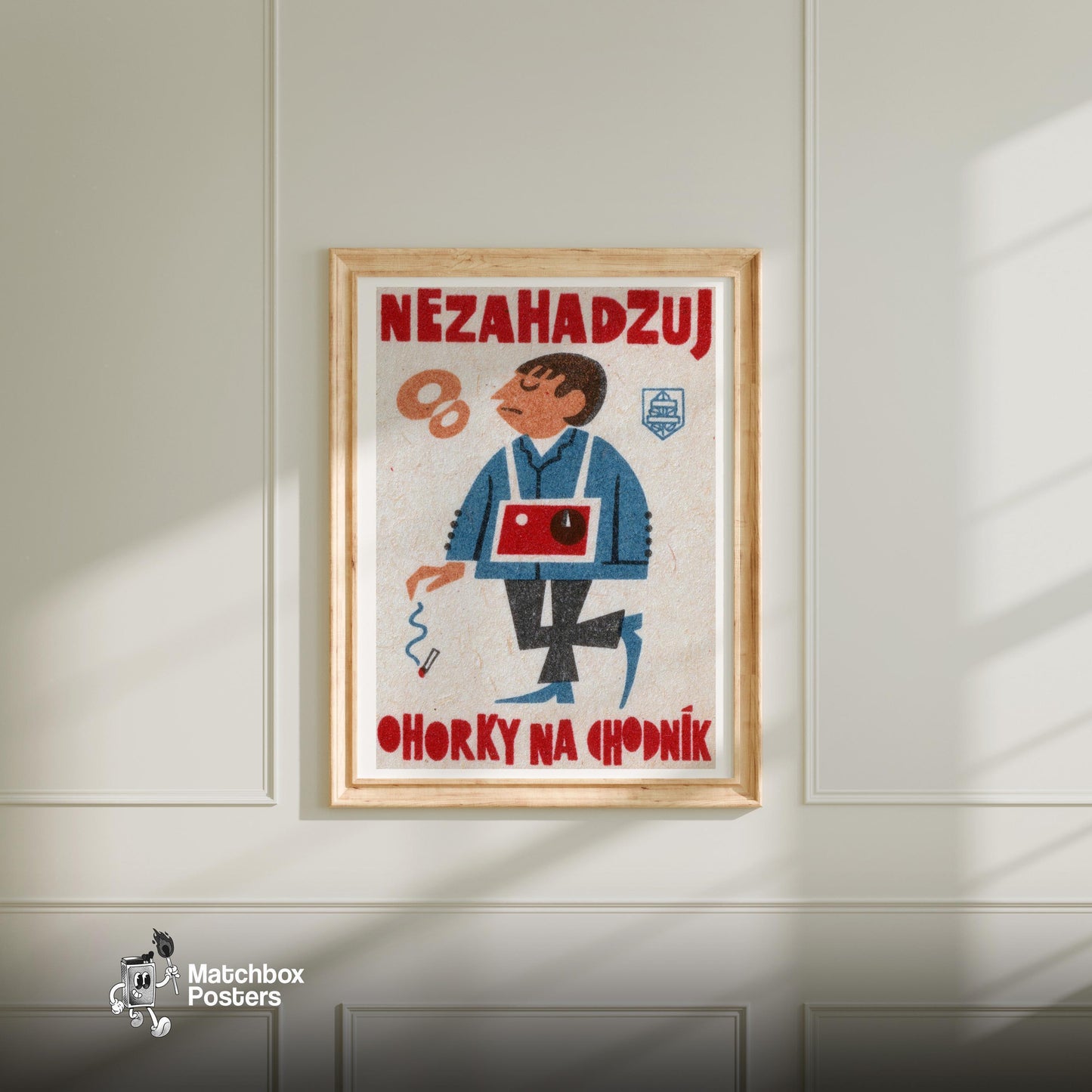 Cigarette Littering Warning - vintage matchbox label print - bedroom mockup