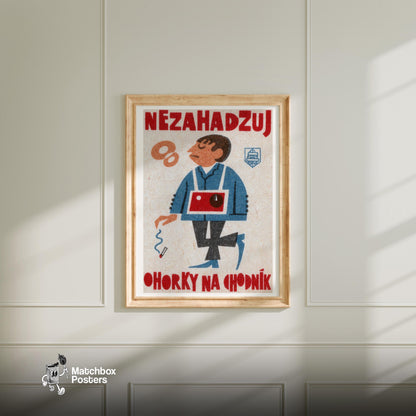 Cigarette Littering Warning - vintage matchbox label print - bedroom mockup