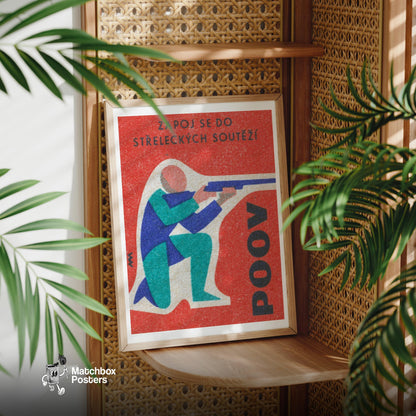 Kneeling Shooter - vintage matchbox label print - office wall