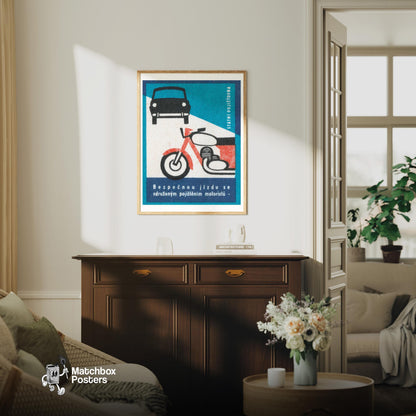 Motorcycle and Car - vintage matchbox label print - living room mockup