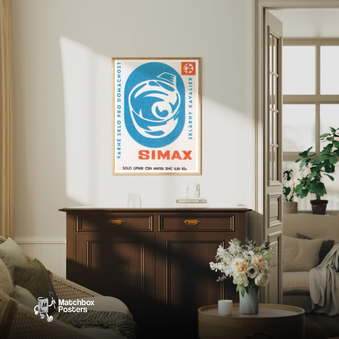 Household Glassware - vintage matchbox label print - living room mockup