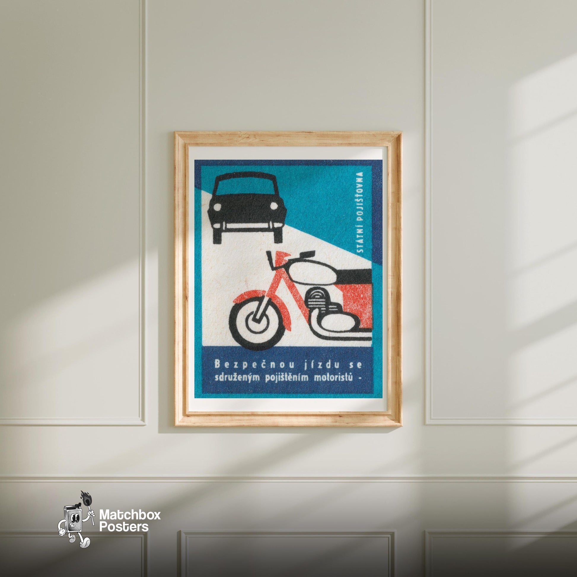 Motorcycle and Car - vintage matchbox label print - bedroom mockup
