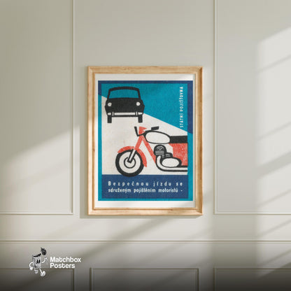 Motorcycle and Car - vintage matchbox label print - bedroom mockup