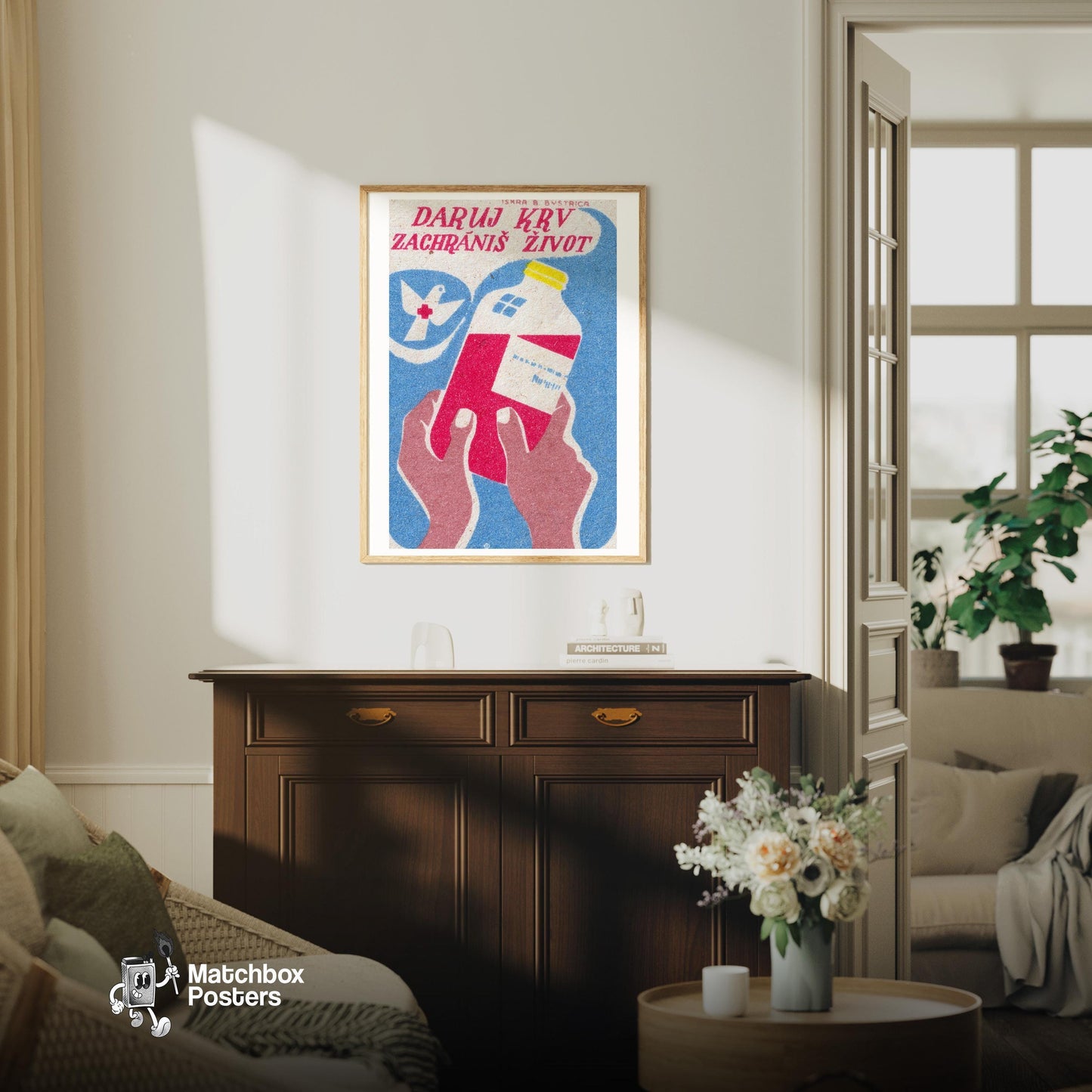 Blood Donation - vintage matchbox label print - living room mockup