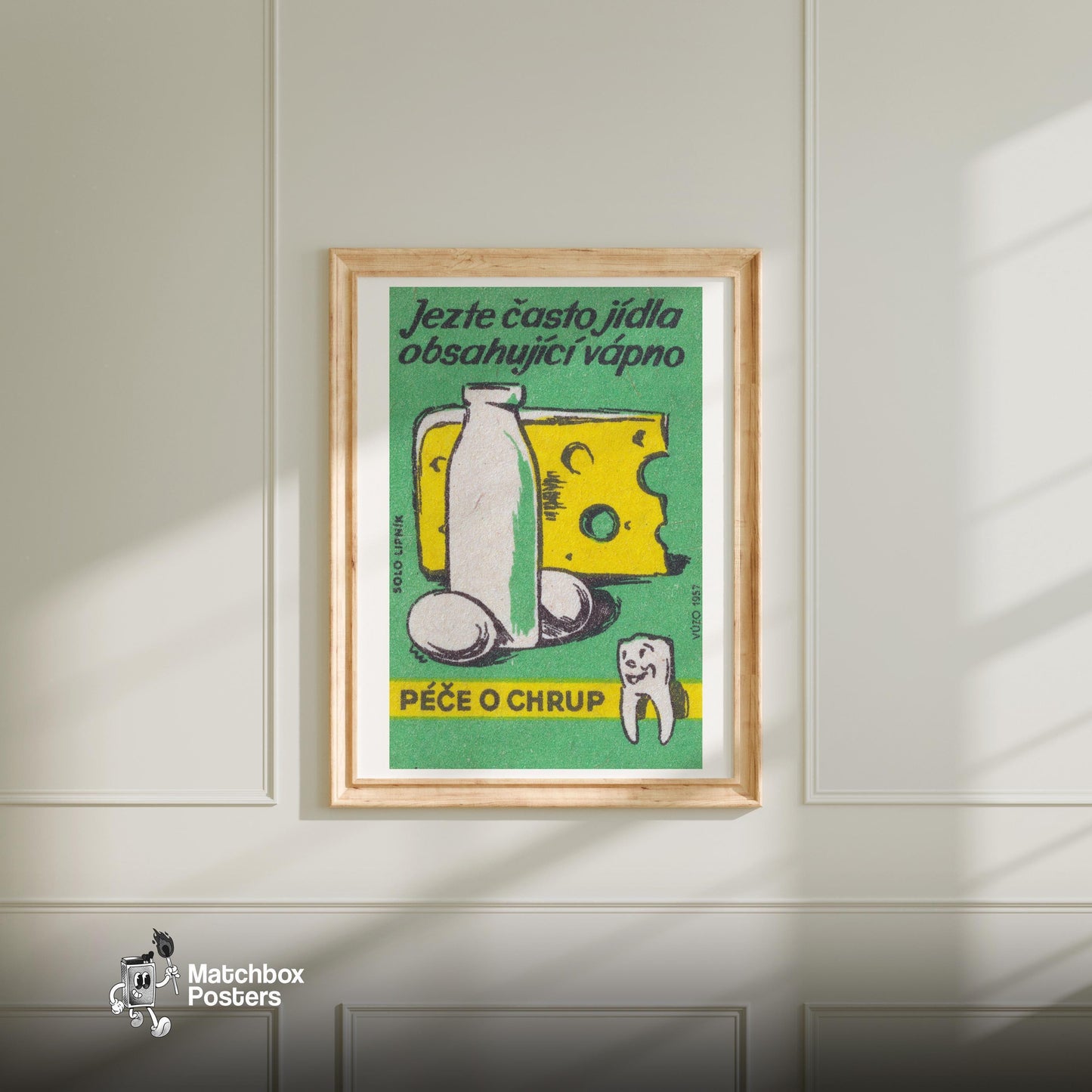 Eggs, Milk and Cheese - vintage matchbox label print - bedroom mockup