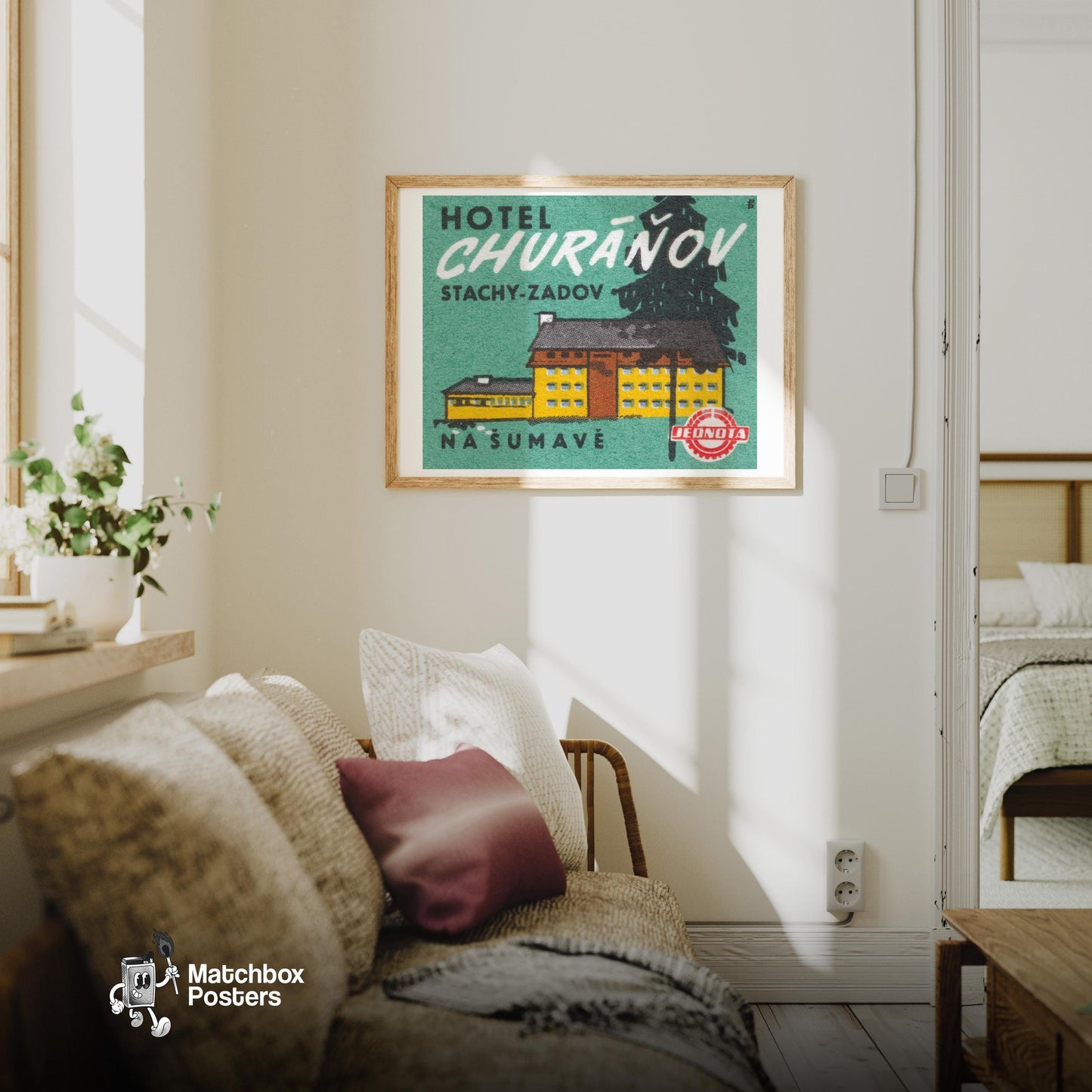 Hotel Churanov - vintage matchbox label print - living room mockup