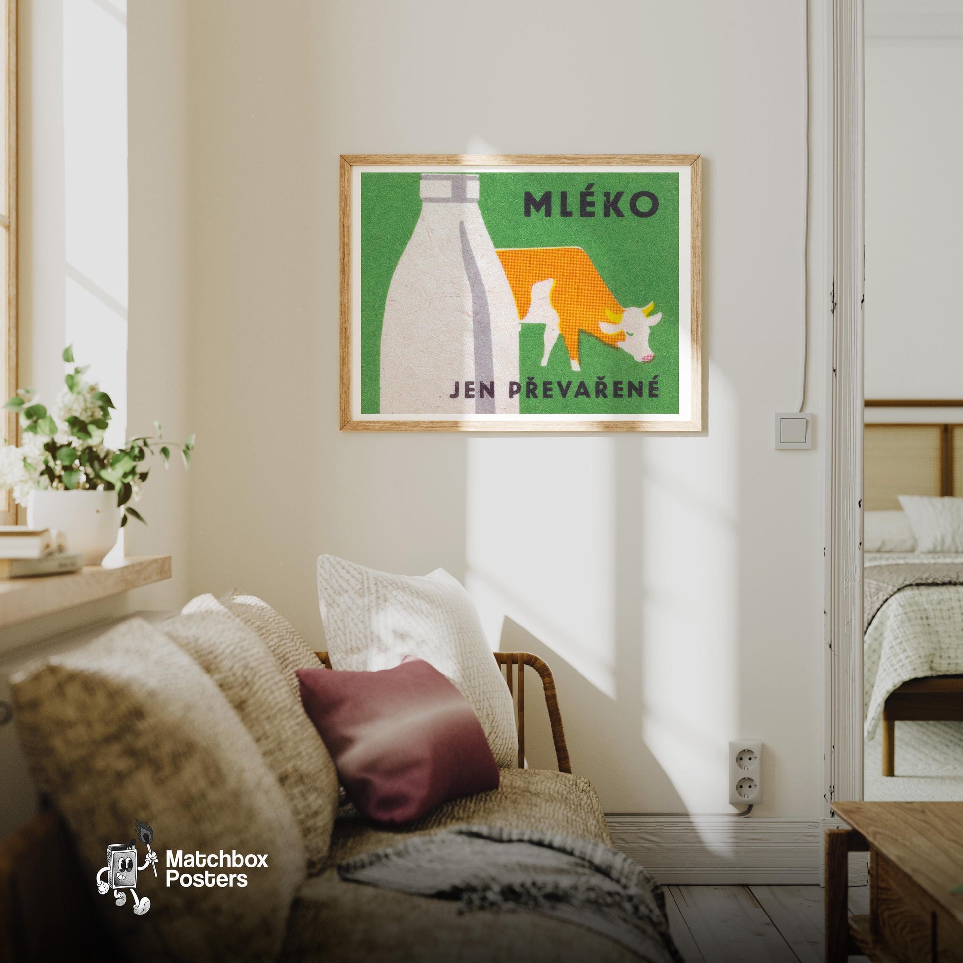 Milk Cow - vintage matchbox label print - living room mockup