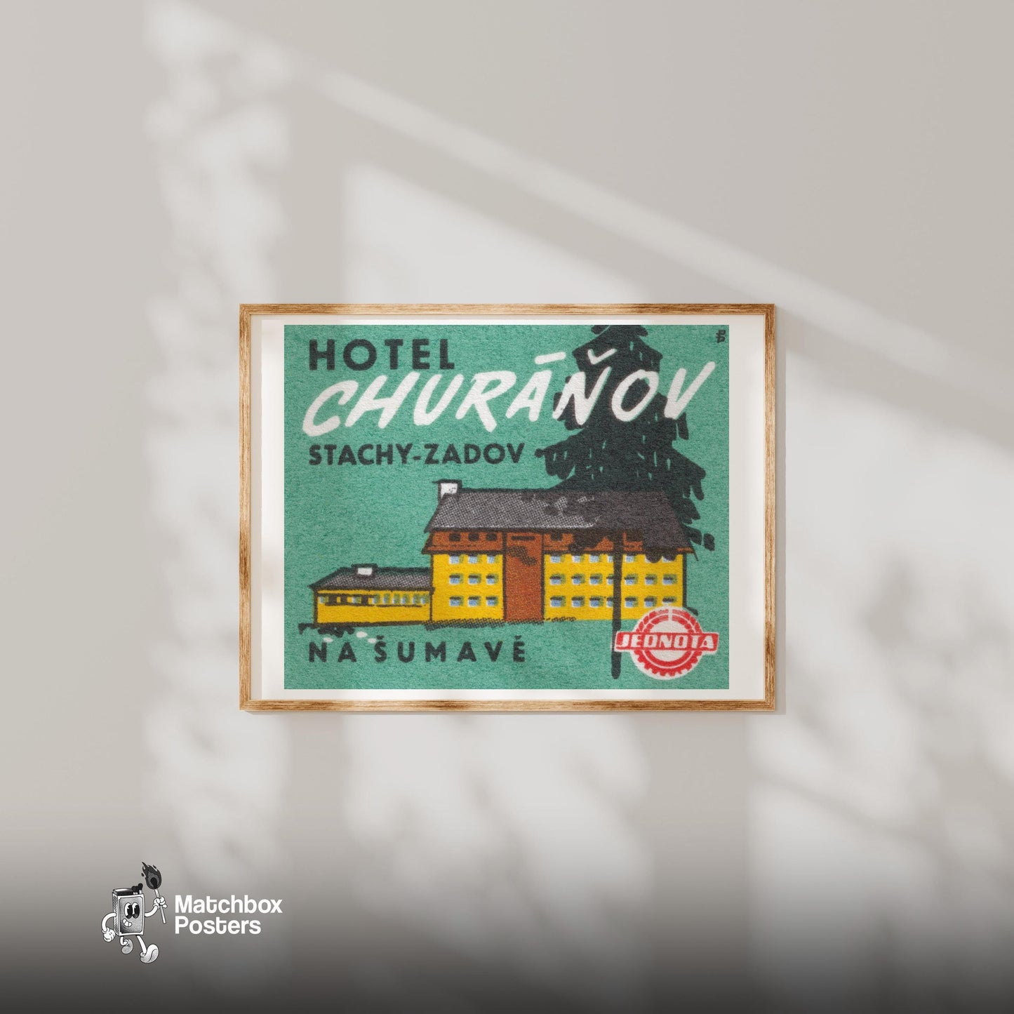 Hotel Churanov - vintage matchbox label print - bedroom mockup