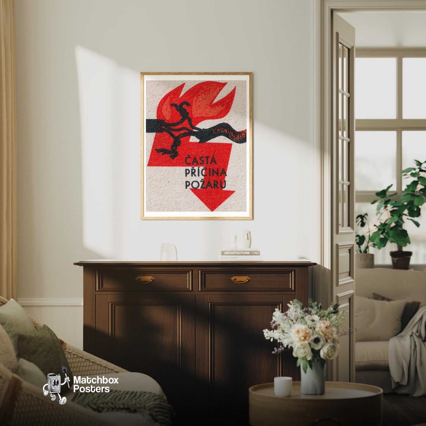 The Cause of Fire - vintage matchbox label print - living room mockup