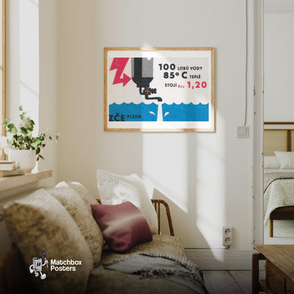 Cost of Hot Water - vintage matchbox label print - living room mockup