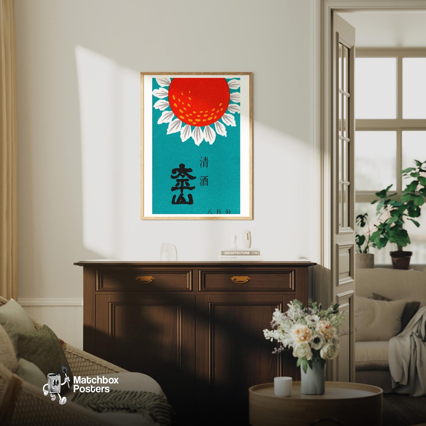 Red Flower - vintage matchbox label print - living room mockup