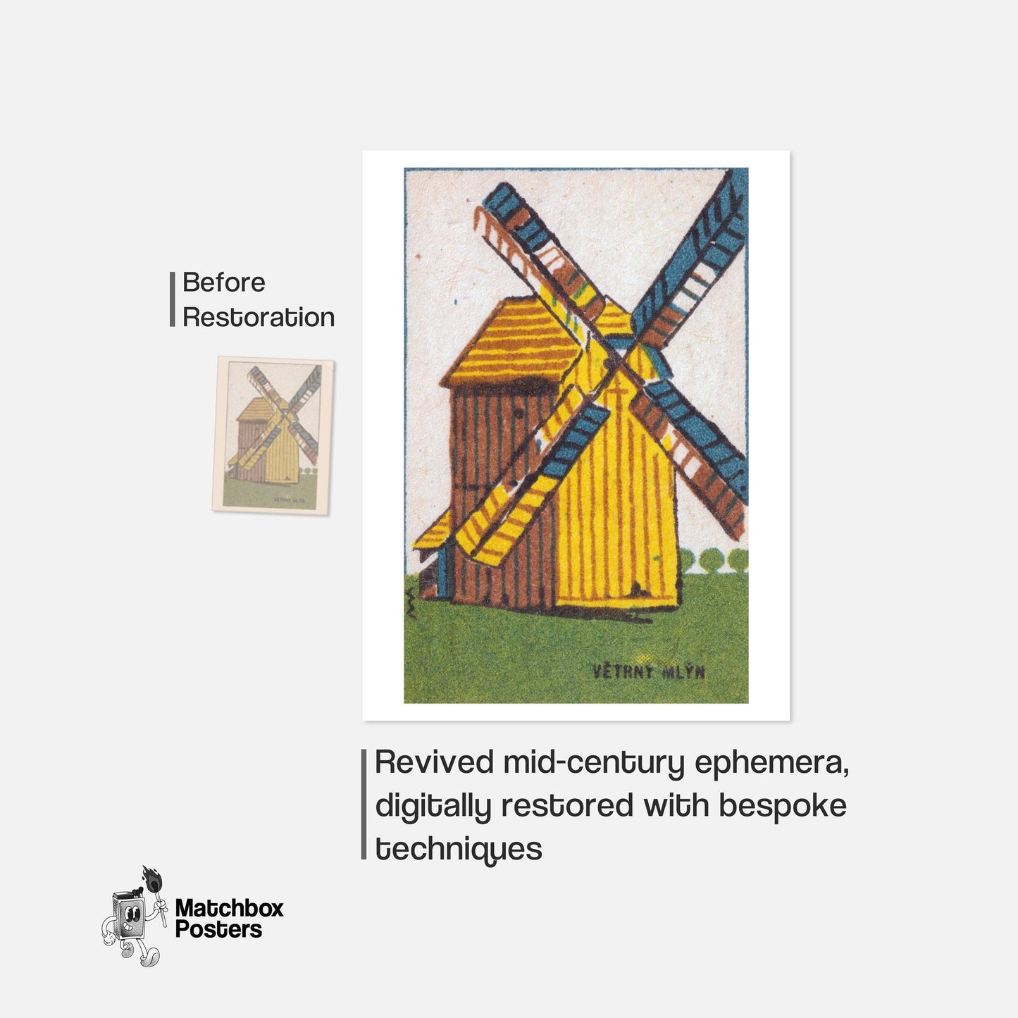 Windmill - vintage matchbox label print - framed wall art preview