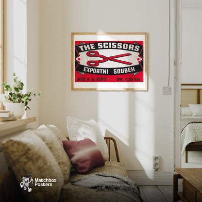 Red Scissors Illustration - vintage matchbox label print - living room mockup