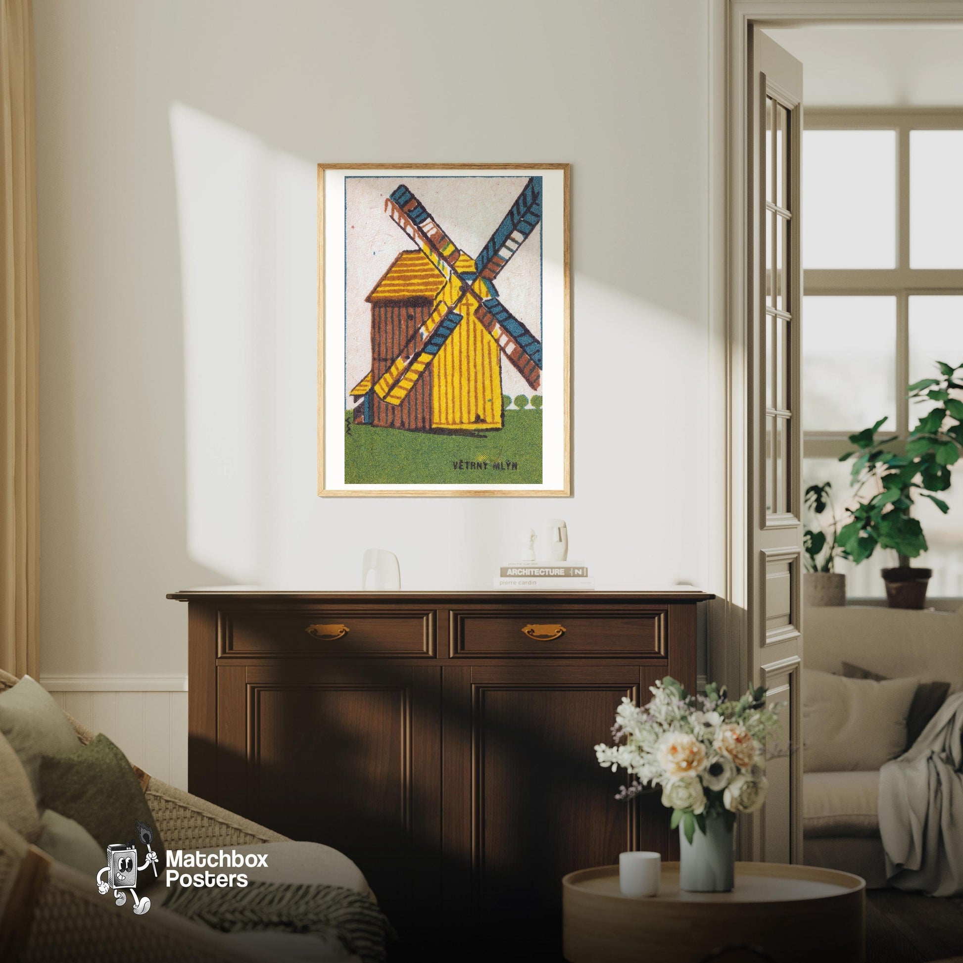 Windmill - vintage matchbox label print - living room mockup
