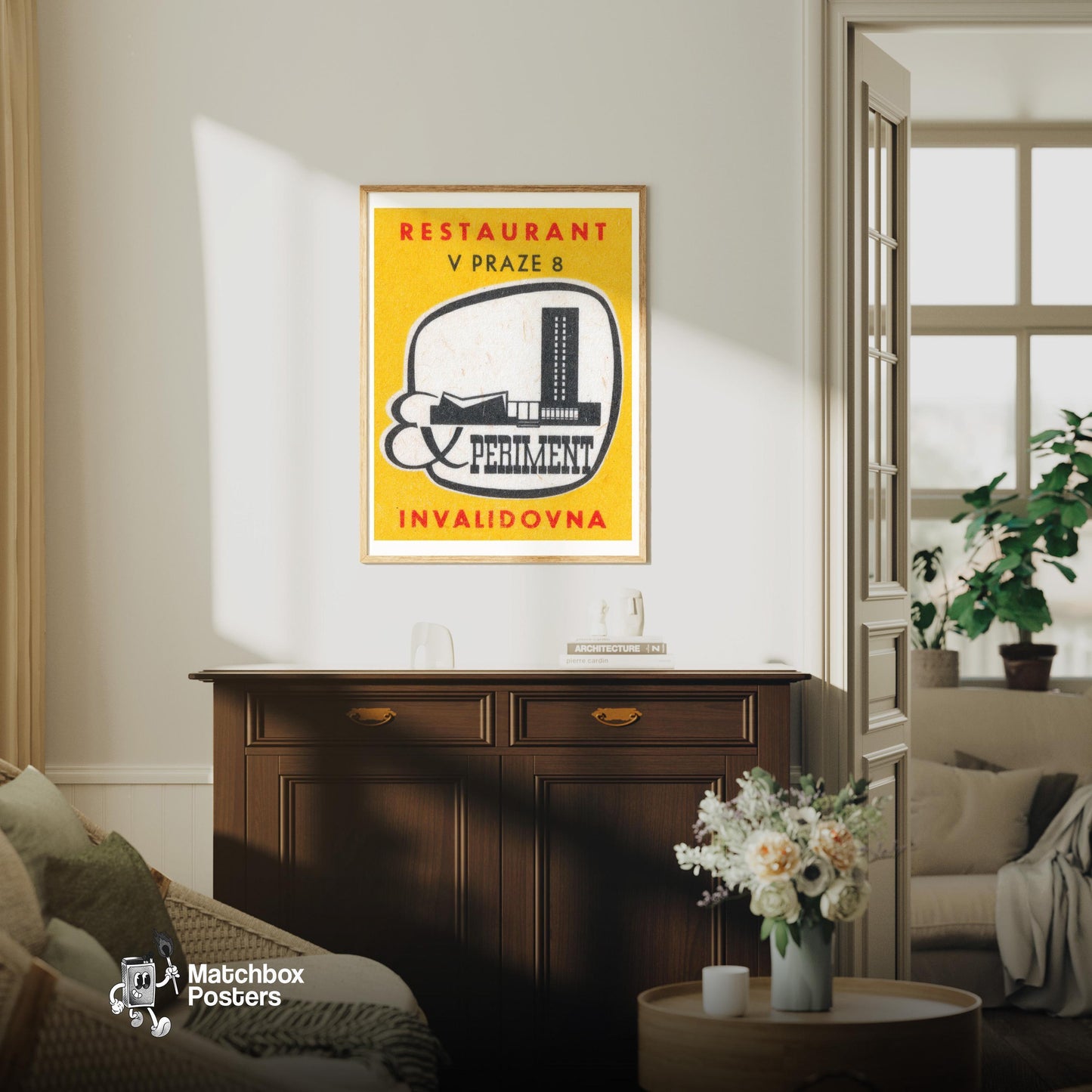 Modern Building - vintage matchbox label print - living room mockup