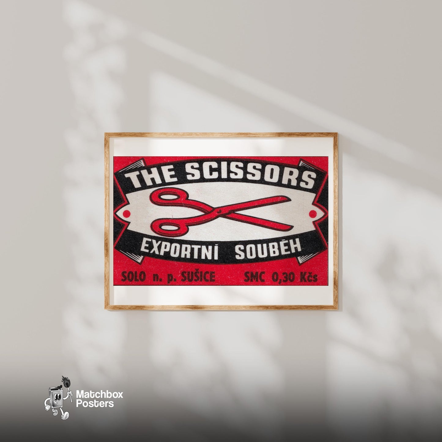 Red Scissors Illustration - vintage matchbox label print - bedroom mockup