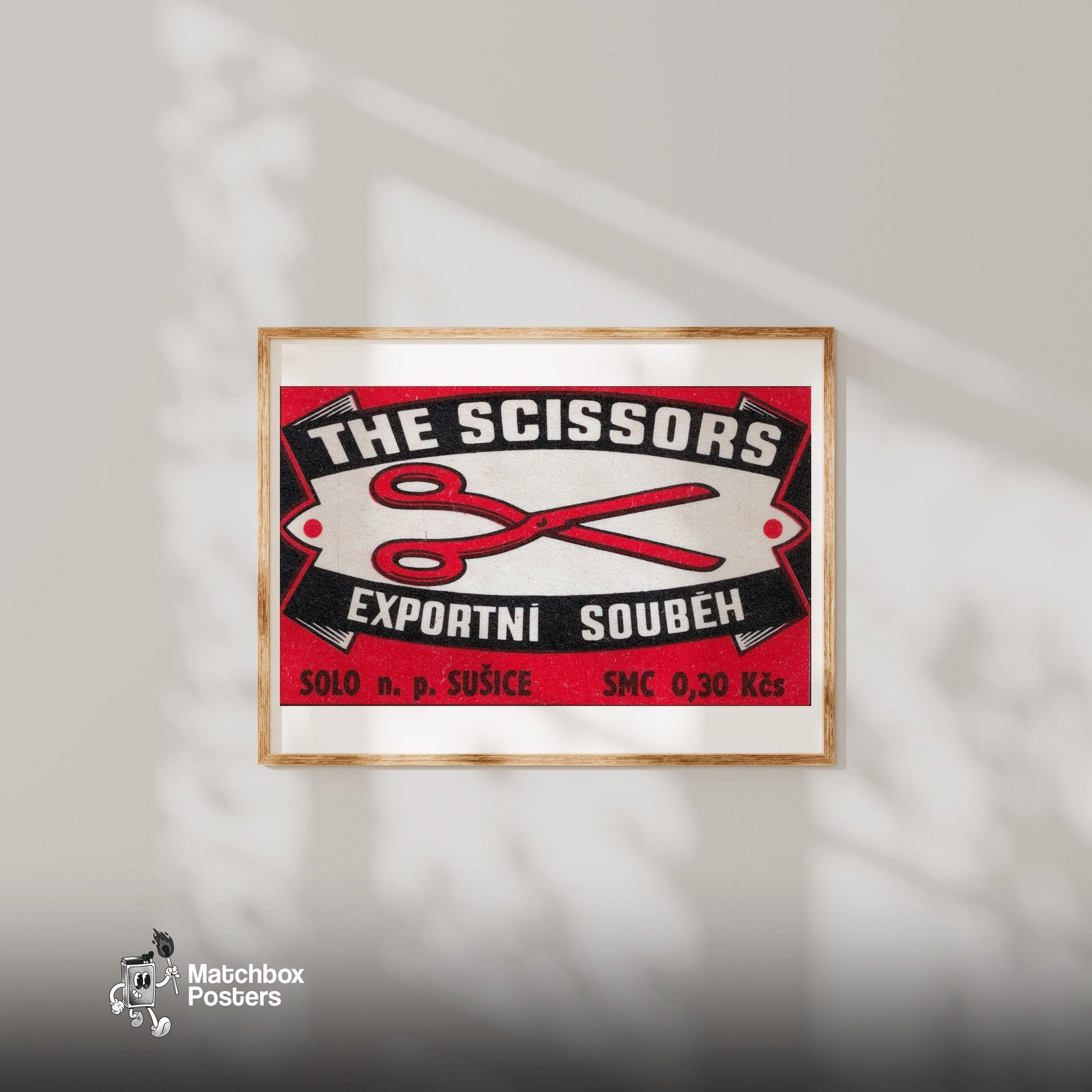 Red Scissors Illustration - vintage matchbox label print - bedroom mockup