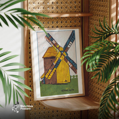 Windmill - vintage matchbox label print - office wall