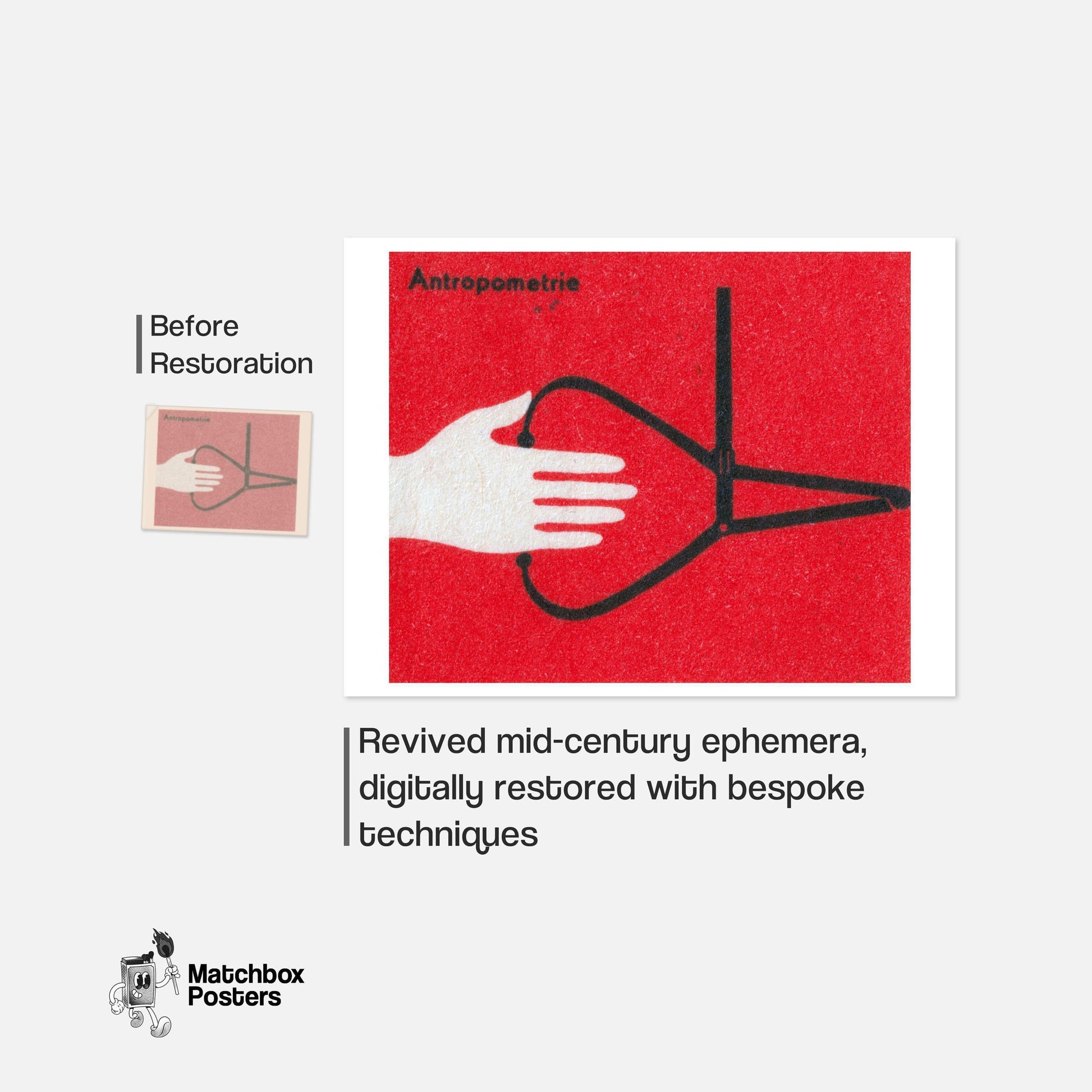 Hand Holding Anthropometric Caliper - vintage matchbox label print - framed wall art preview