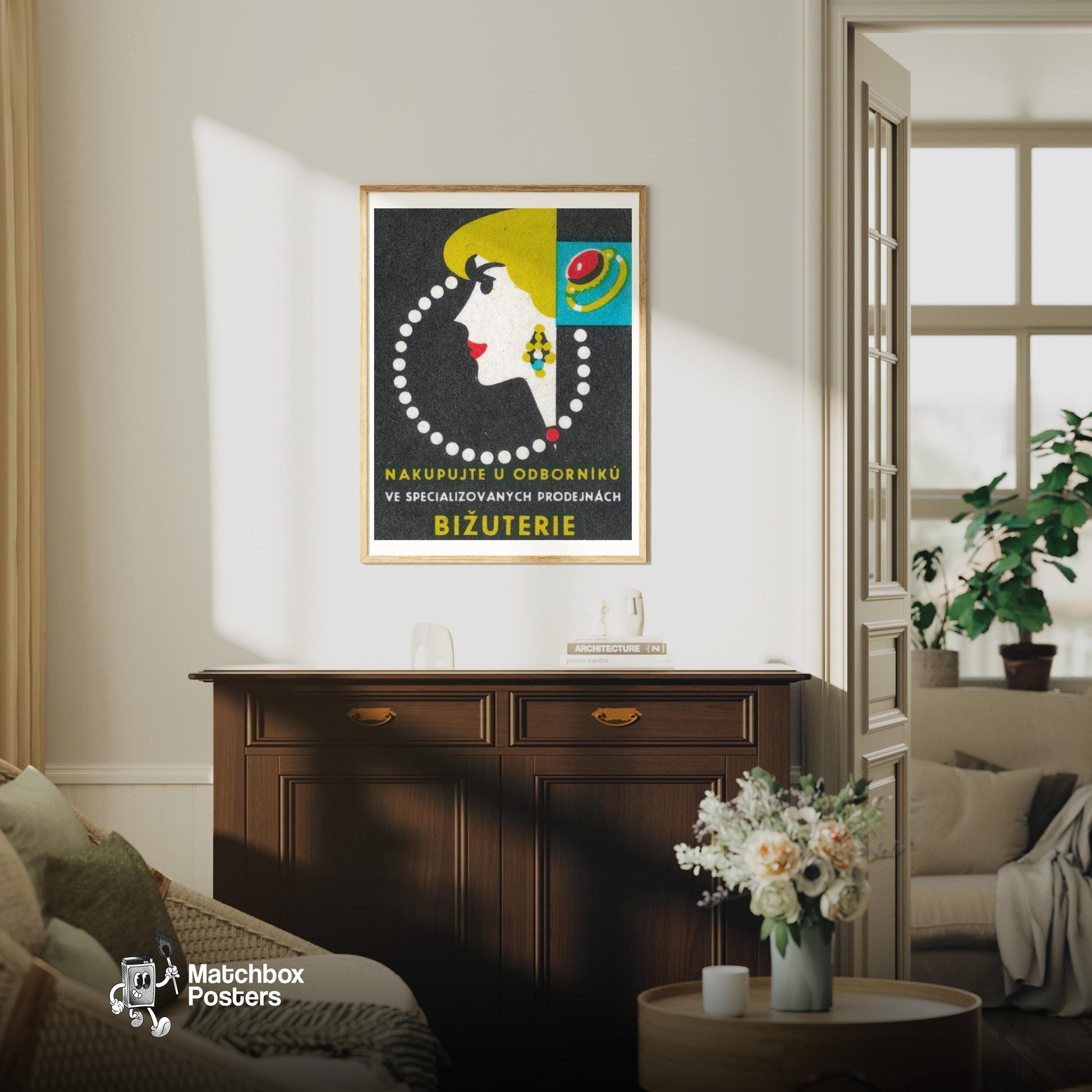 Jewelry Store Woman - vintage matchbox label print - living room mockup