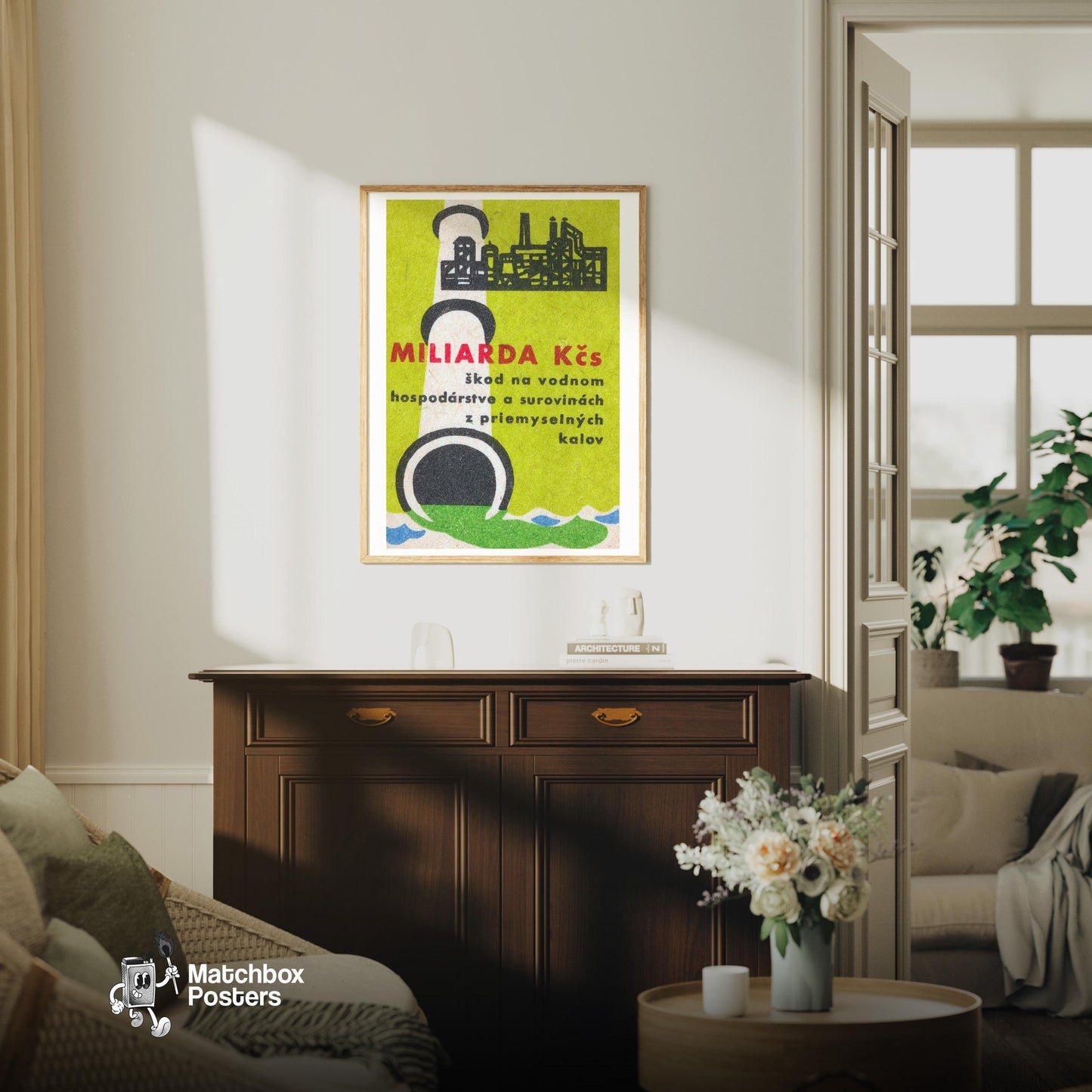 Industrial Factory - vintage matchbox label print - living room mockup
