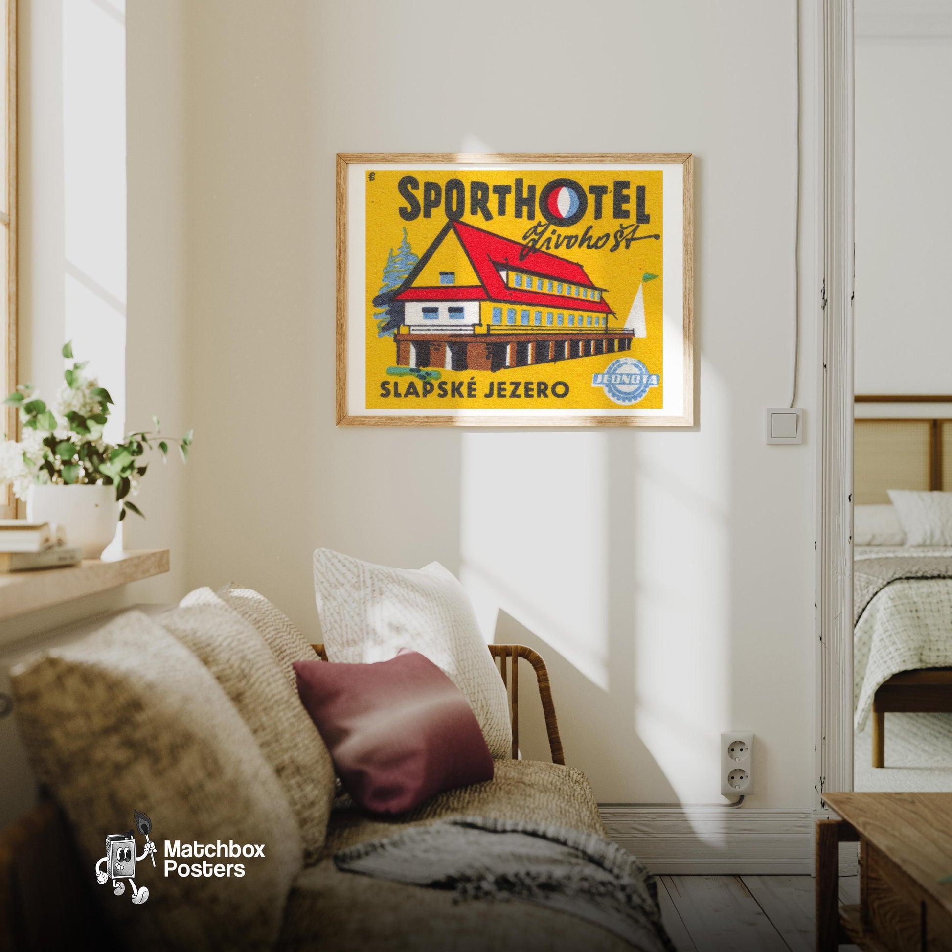 Sport Hotel - vintage matchbox label print - living room mockup