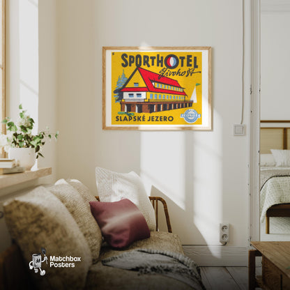 Sport Hotel - vintage matchbox label print - living room mockup