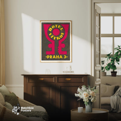 Hotel Vitkov Prague - vintage matchbox label print - living room mockup