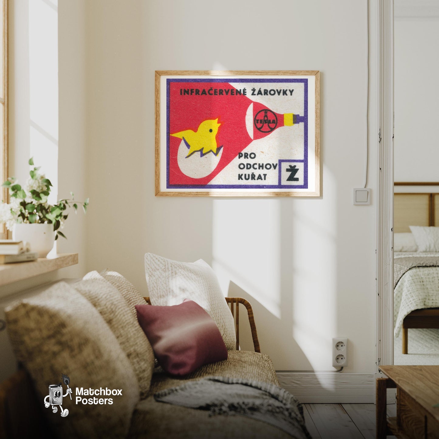 Hatching Chicks - vintage matchbox label print - living room mockup