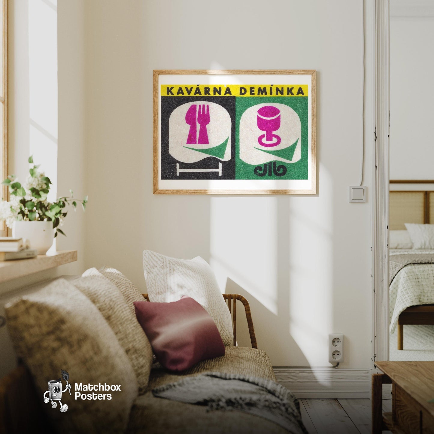 Cafe Deminka - vintage matchbox label print - living room mockup