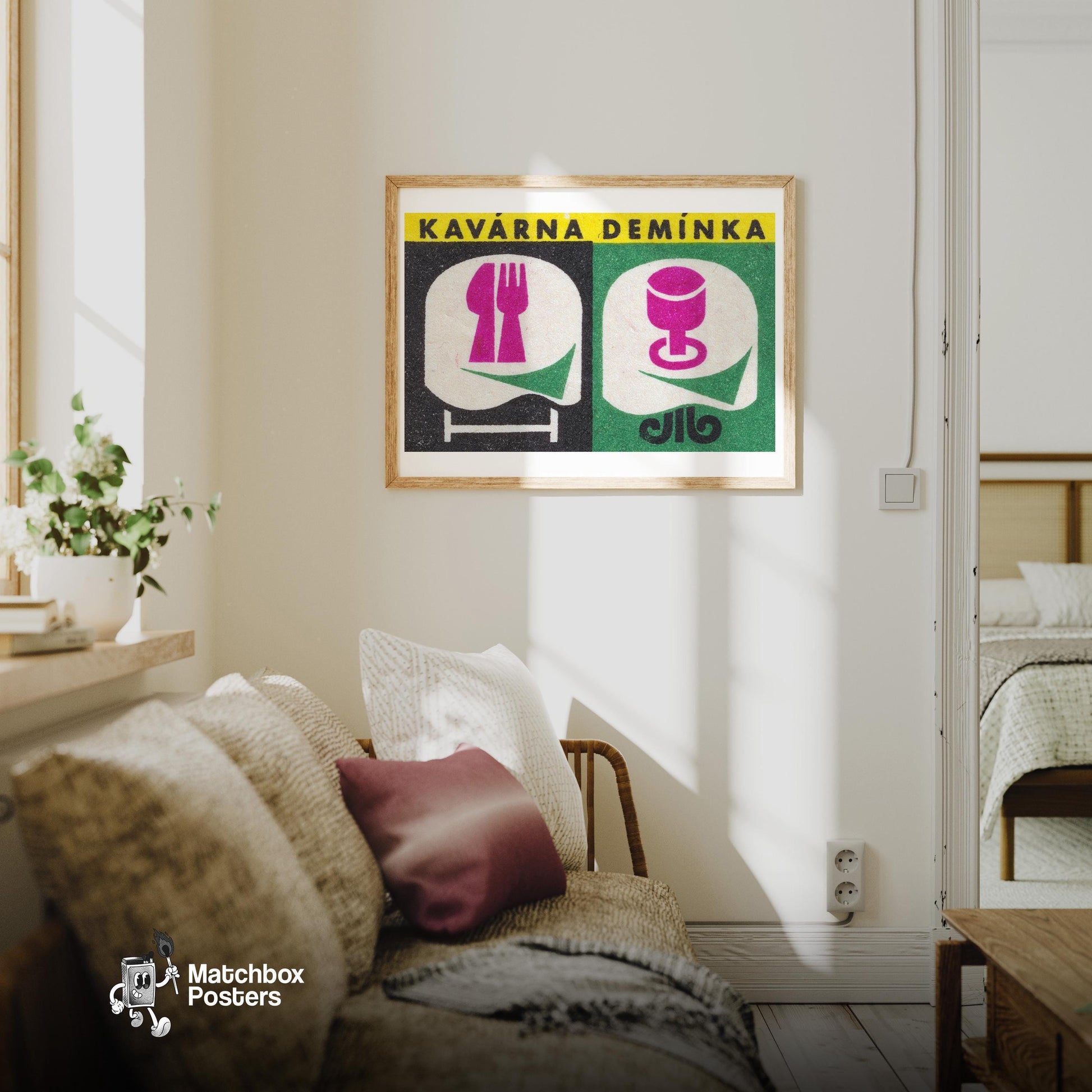 Cafe Deminka - vintage matchbox label print - living room mockup