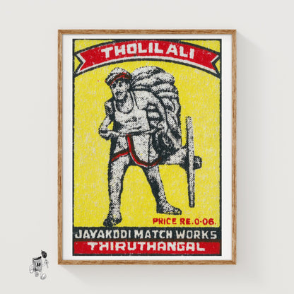 Worker with Wheelbarrow - vintage matchbox label print