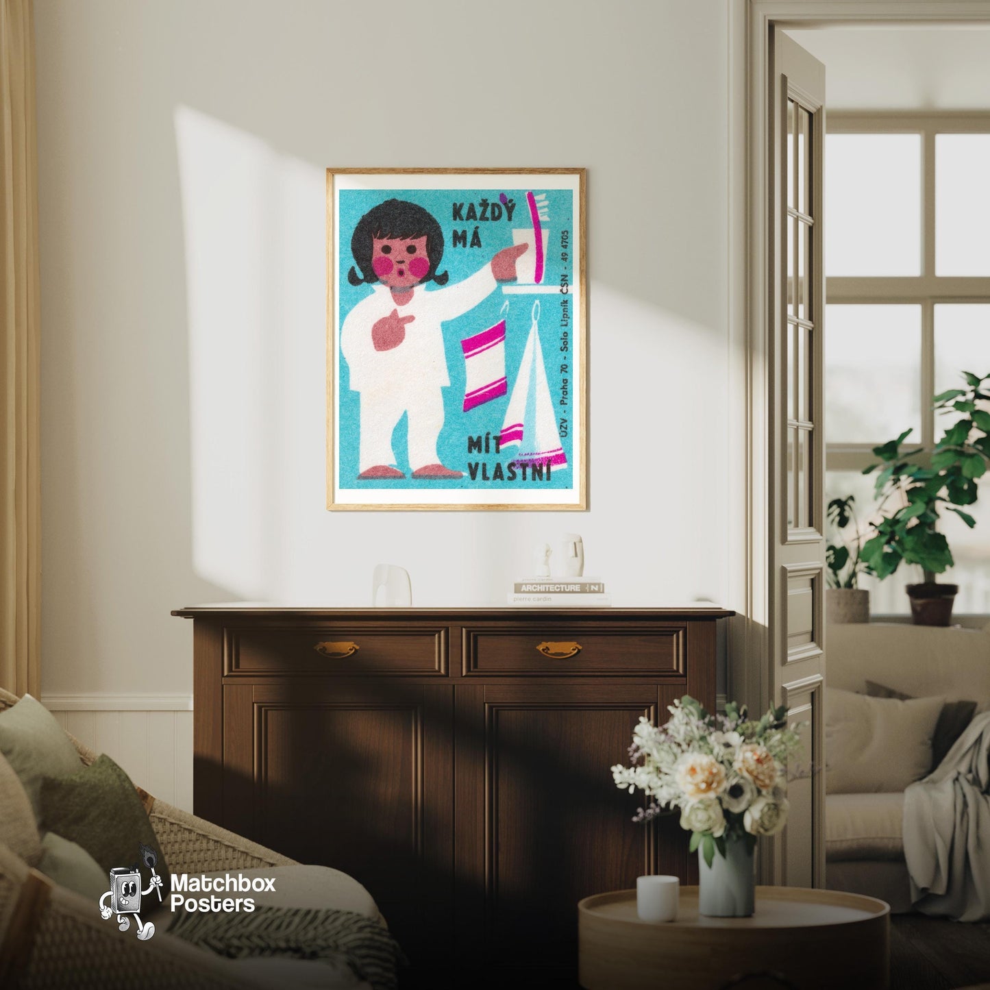 Little Girl With Toothbrush - vintage matchbox label print - living room mockup