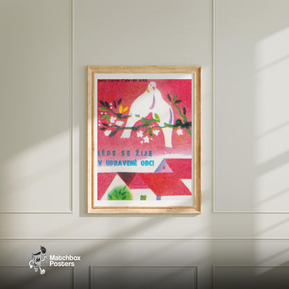 White Doves - vintage matchbox label print - bedroom mockup