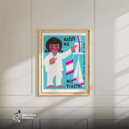 Little Girl With Toothbrush - vintage matchbox label print - bedroom mockup