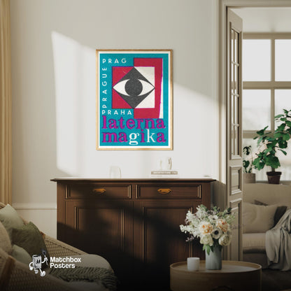Geometric Eye Design - vintage matchbox label print - living room mockup