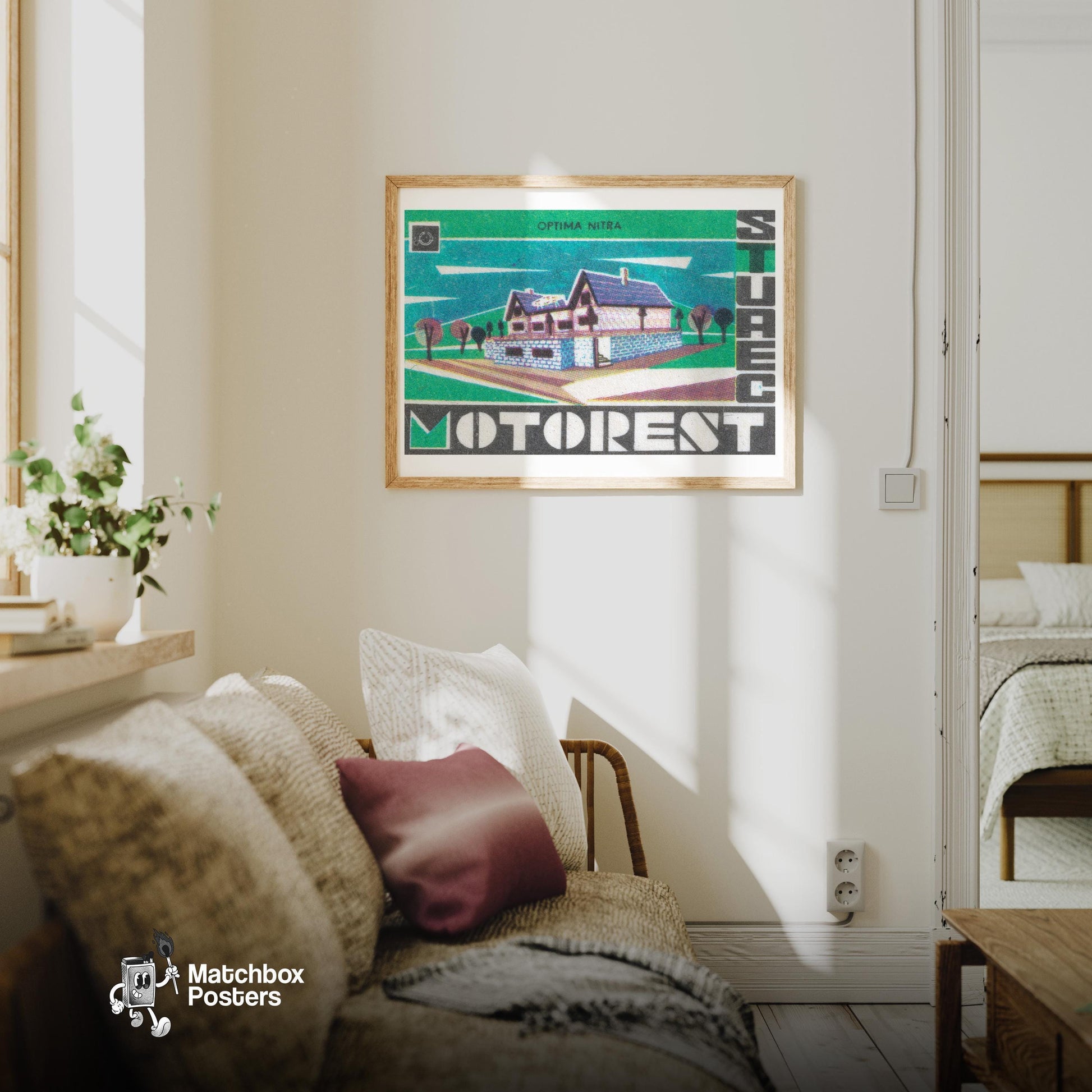Forest Motel - vintage matchbox label print - living room mockup