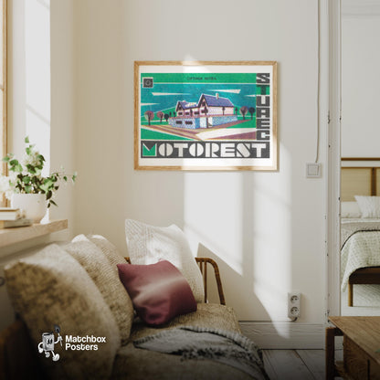 Forest Motel - vintage matchbox label print - living room mockup