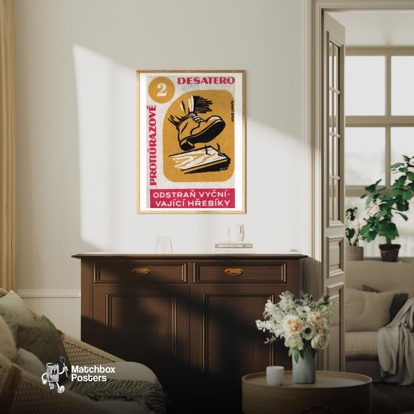 Remove Nails! - vintage matchbox label print - living room mockup