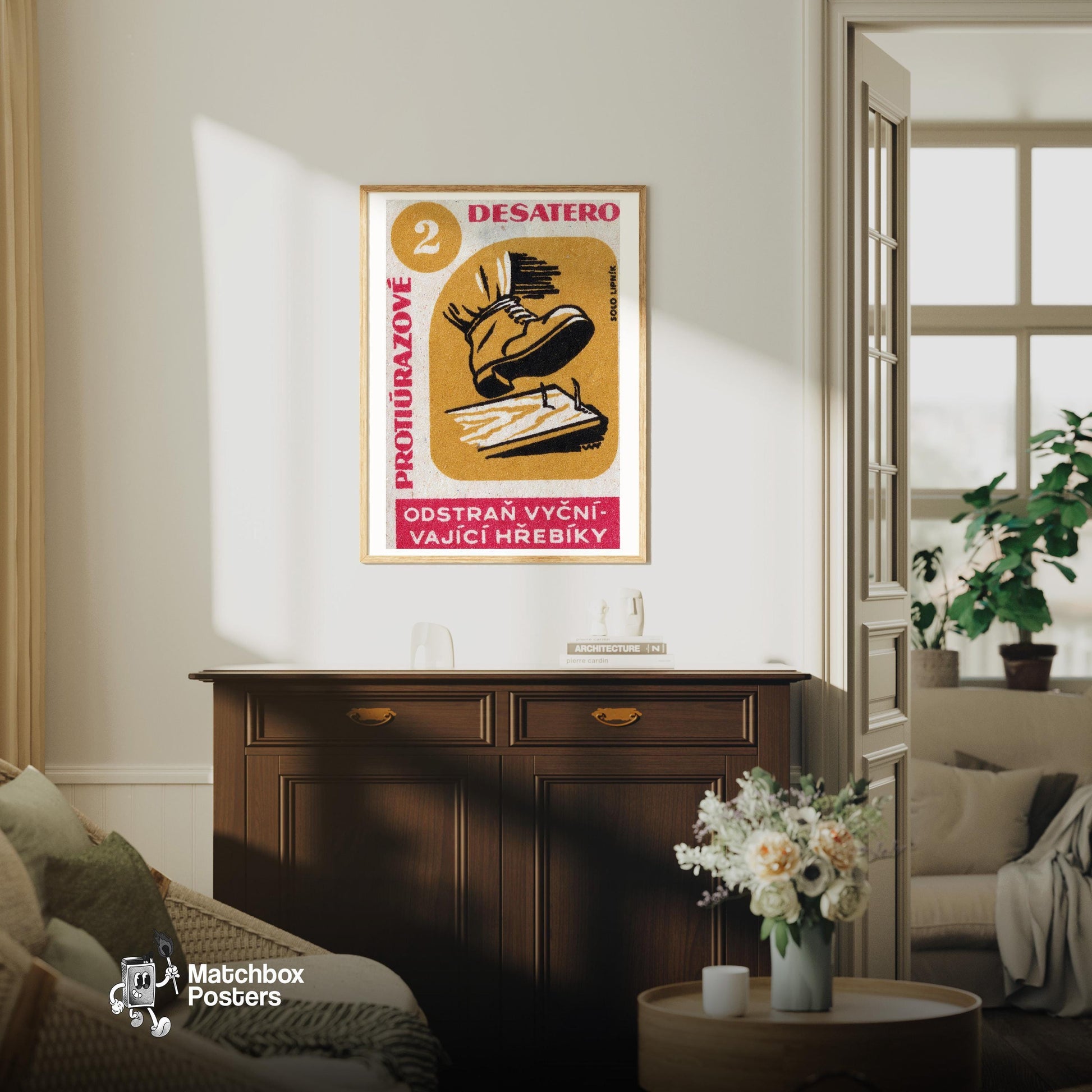 Remove Nails! - vintage matchbox label print - living room mockup