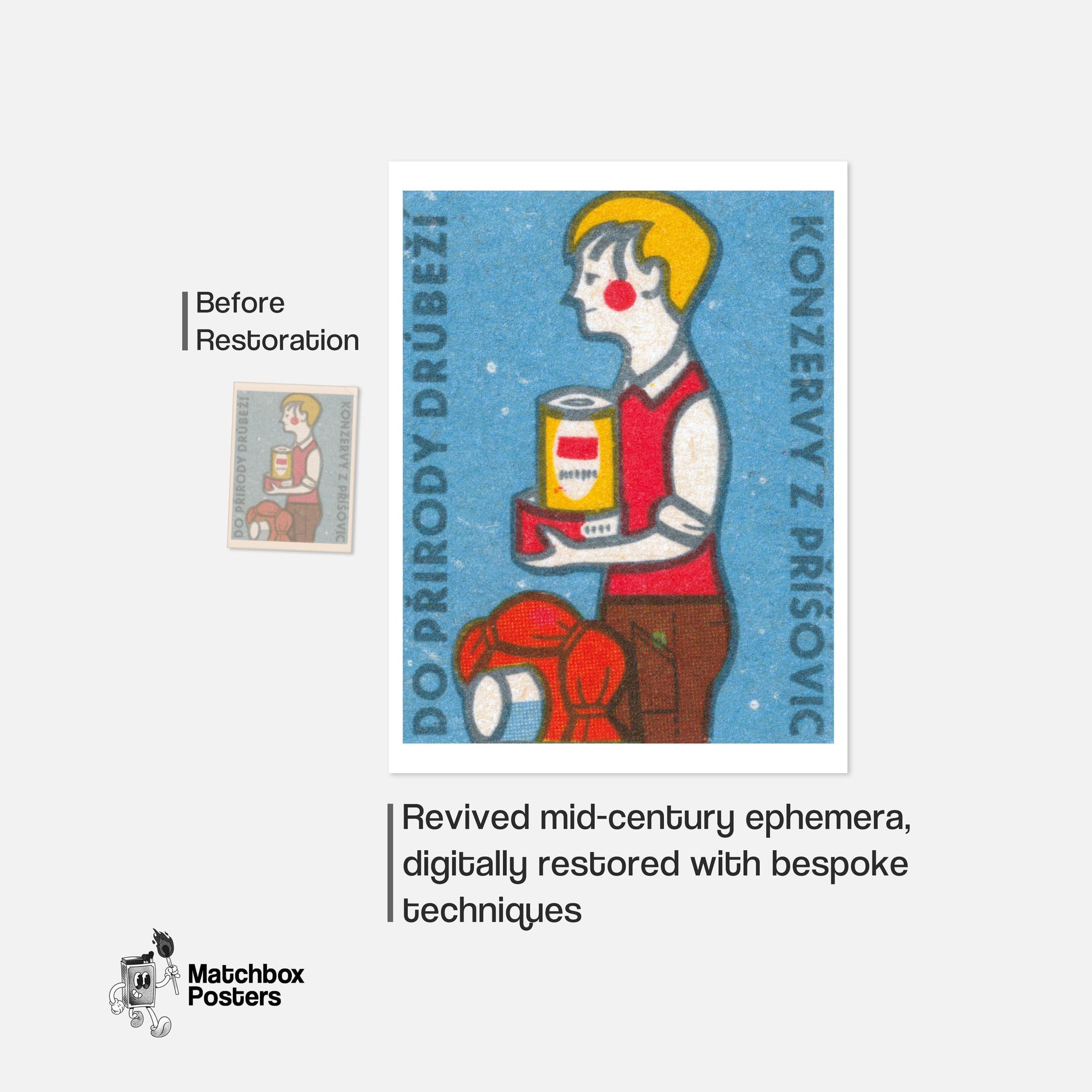Hiker with Canned Food - vintage matchbox label print - framed wall art preview