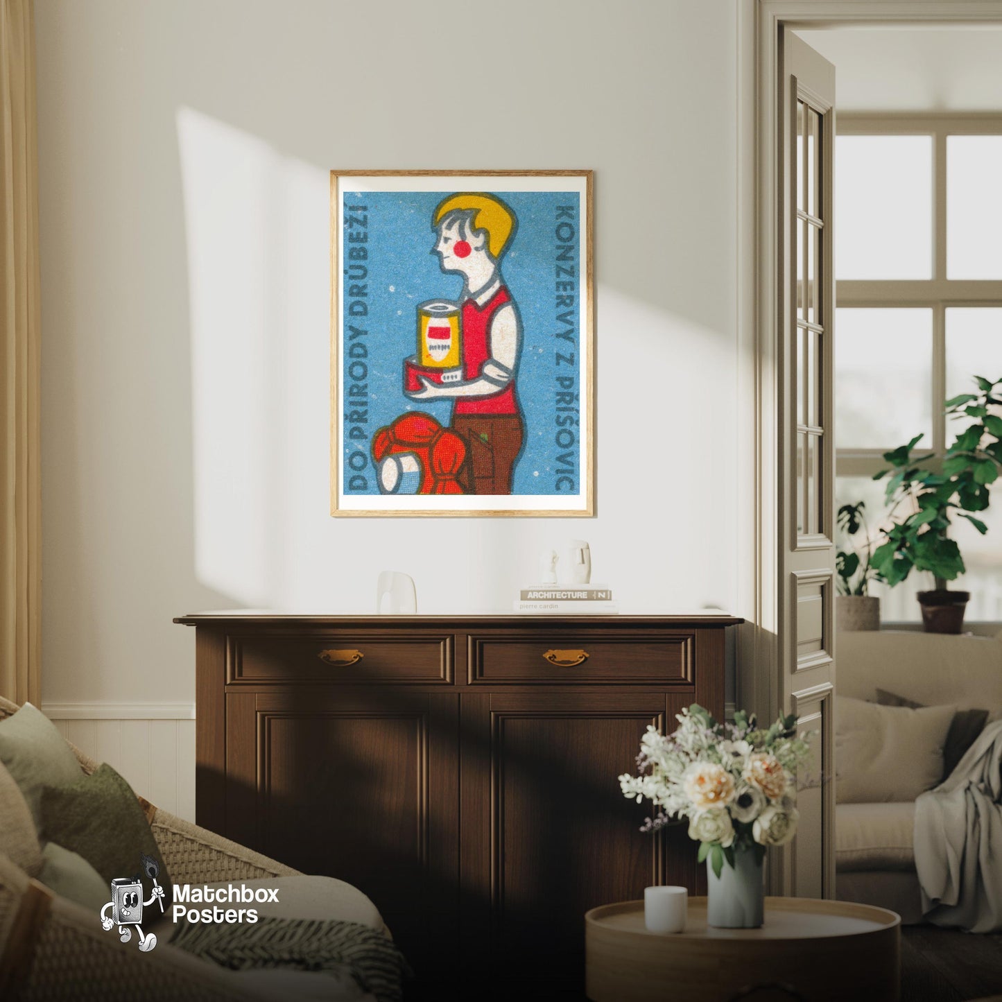Hiker with Canned Food - vintage matchbox label print - living room mockup
