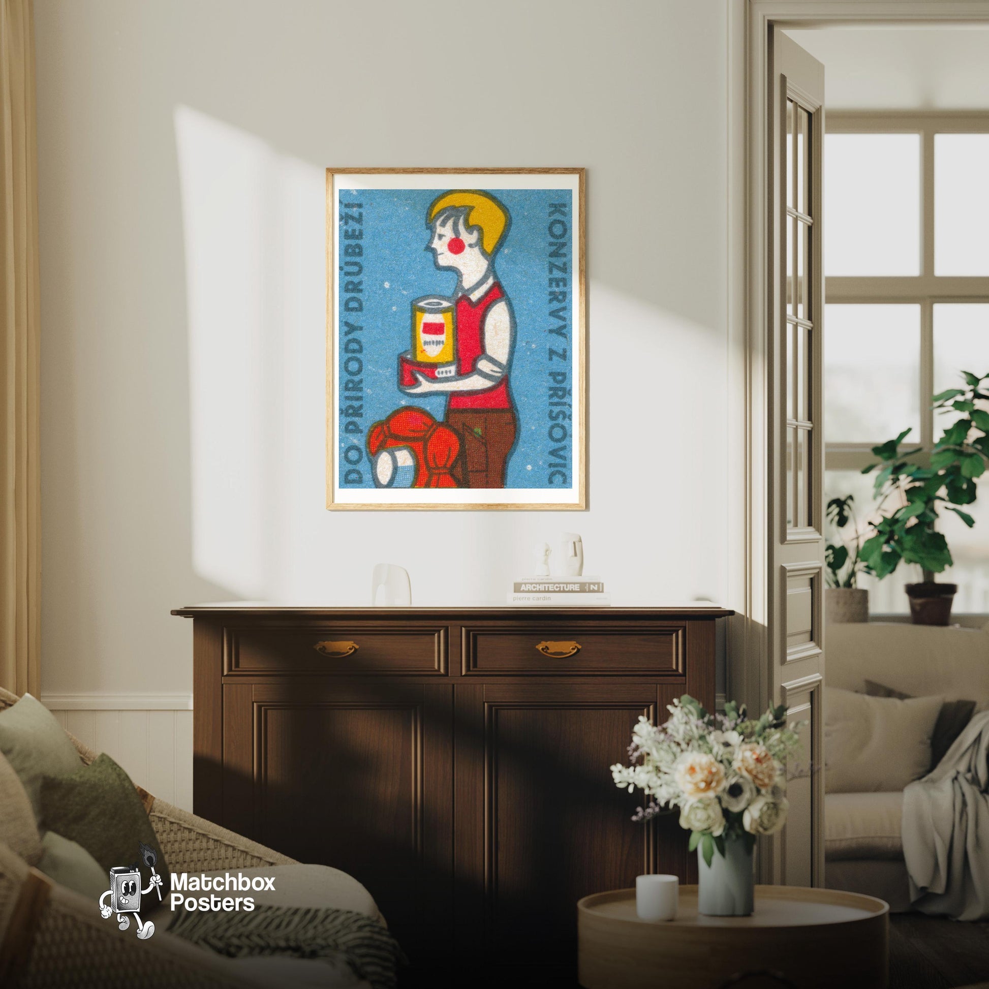 Hiker with Canned Food - vintage matchbox label print - living room mockup