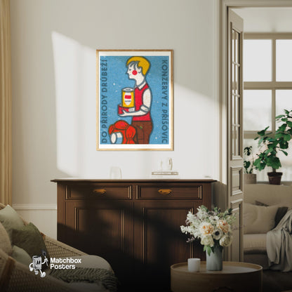 Hiker with Canned Food - vintage matchbox label print - living room mockup