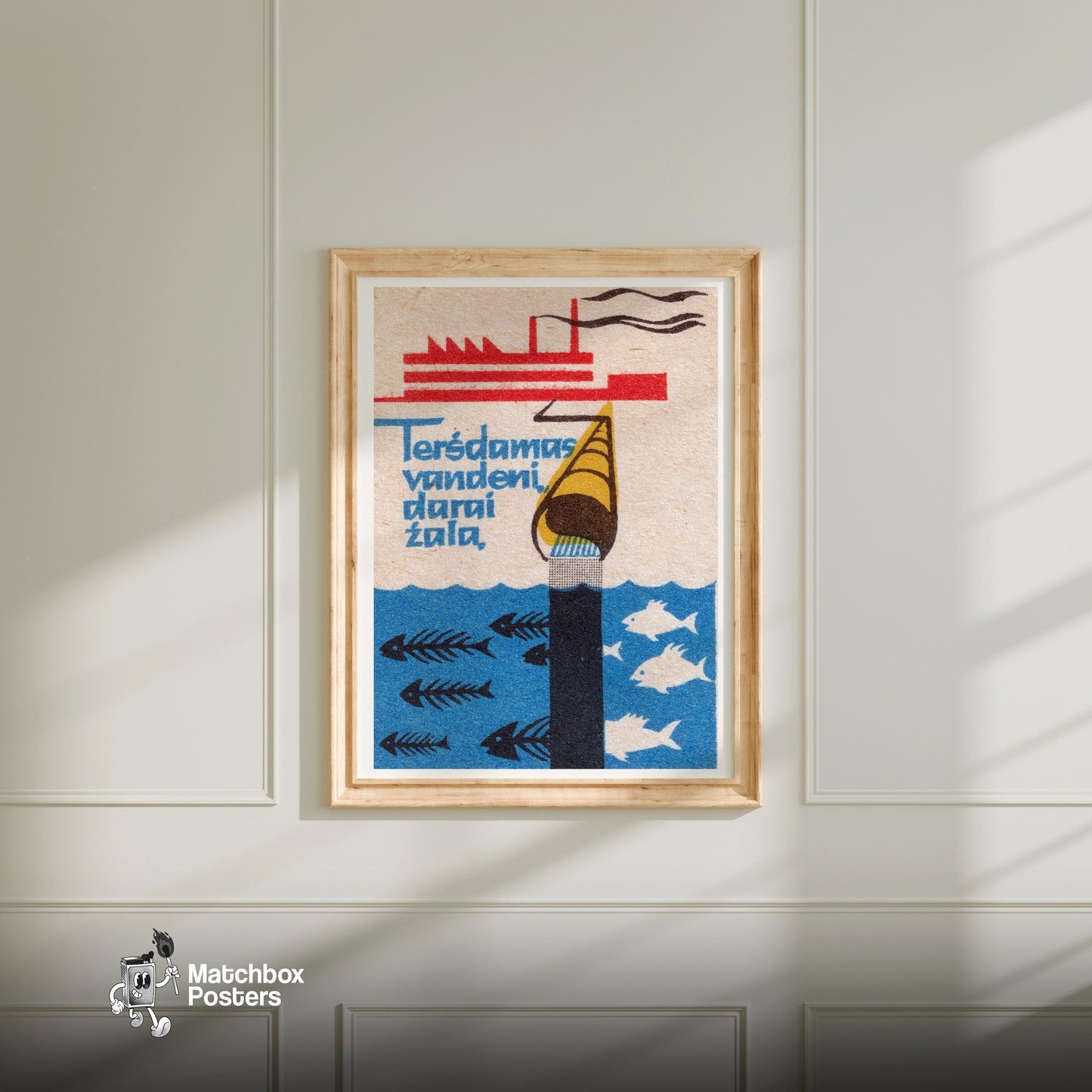 Factory Water Pollution - vintage matchbox label print - bedroom mockup